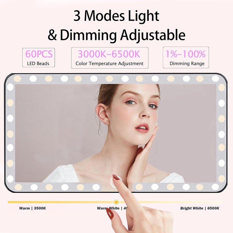 Deluxsa Car Sun Visor Vanity Mirror, 3 Light Modes & 60 LEDs, Rechargeable Dimmable Touch Screen Travel Makeup Mirror,Universal for Truck SUV-Car Accessories Essentials for Women（White） - Image 3